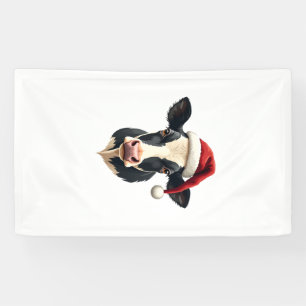 Vintage Christmas Cow Head with Santa Hat Farm Ani Banner