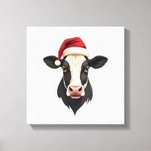 Vintage Christmas Cow Head with Santa Hat Farm Ani Canvas Print