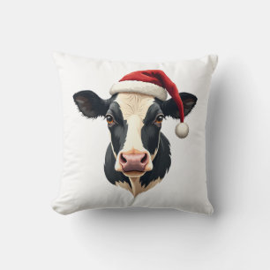 Vintage Christmas Cow Head with Santa Hat Farm Ani Cushion