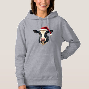 Vintage Christmas Cow Head with Santa Hat Farm Ani Hoodie