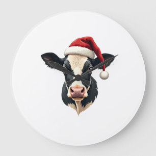 Vintage Christmas Cow Head with Santa Hat Farm Ani Large Clock