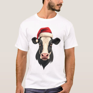 Vintage Christmas Cow Head with Santa Hat Farm Ani T-Shirt