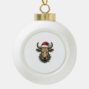 Vintage Christmas Cow Santa Hat Holiday Shirt_1 Ceramic Ball Christmas Ornament