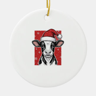 Vintage Christmas Cow Santa Hat Holiday Shirt (2)_ Ceramic Tree Decoration
