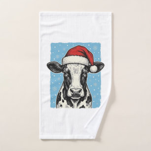 Vintage Christmas Cow Santa Hat Vector Design_1 Hand Towel