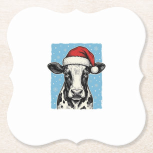 Vintage Christmas Cow Santa Hat Vector Design_1 Paper Coaster
