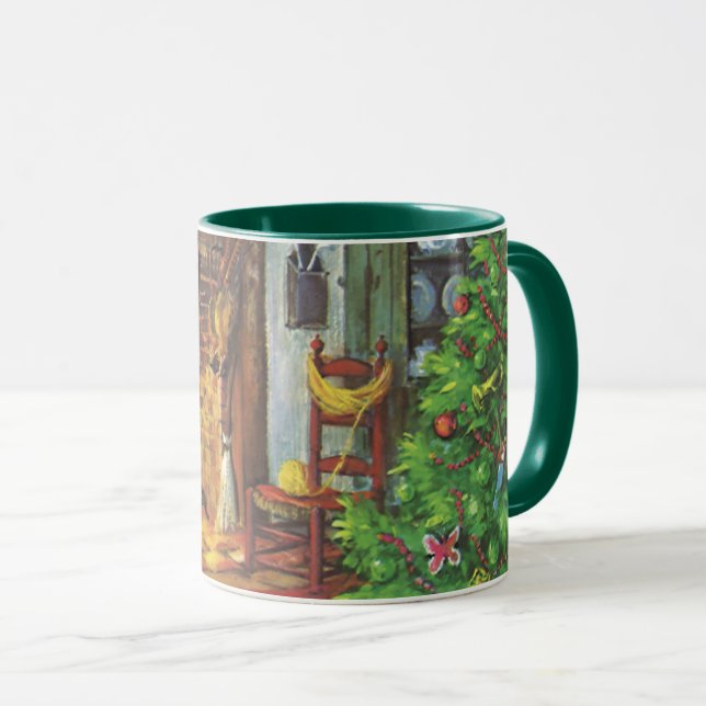 Vintage Christmas, Cozy Log Cabin with Fireplace Mug (Front Right)
