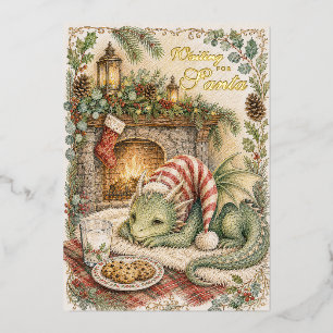 Vintage Christmas Cute Baby Dragon Waiting Santa Foil Holiday Card