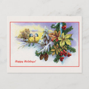 Vintage Christmas cute birds decoration Holiday Postcard