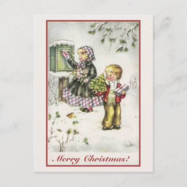 Vintage Christmas cute boy and girl Holiday Postcard (Front)