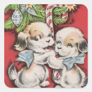 Vintage Christmas Cute dogs with Candy Cane Square Sticker