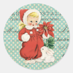 Vintage Christmas Cute Girl Poinsettia Mint Dots Classic Round Sticker