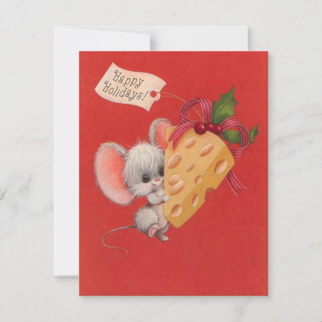 Vintage Christmas Cute Mouse With Cheese Holiday Card (Front)