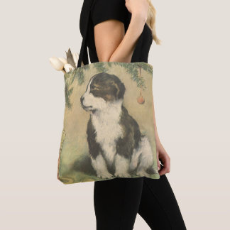 Vintage Christmas, Cute Puppy Under Christmas Tre Tote Bag