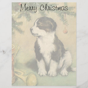 Vintage Christmas, Cute Puppy Under Christmas Tree