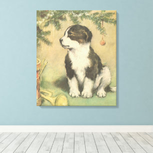 Vintage Christmas, Cute Puppy Under Christmas Tree Canvas Print