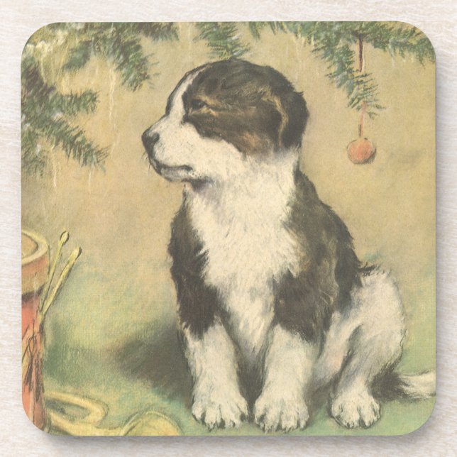 Vintage Christmas, Cute Puppy Under Christmas Tree Coaster (Front)