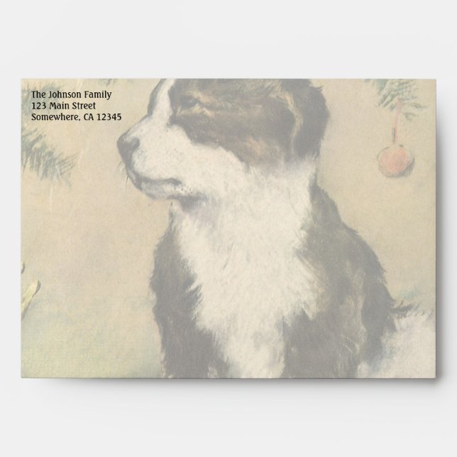 Vintage Christmas, Cute Puppy Under Christmas Tree Envelope (Front)