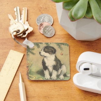Vintage Christmas, Cute Puppy Under Christmas Tree Key Ring