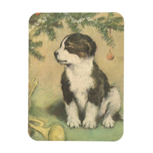 Vintage Christmas, Cute Puppy Under Christmas Tree Magnet