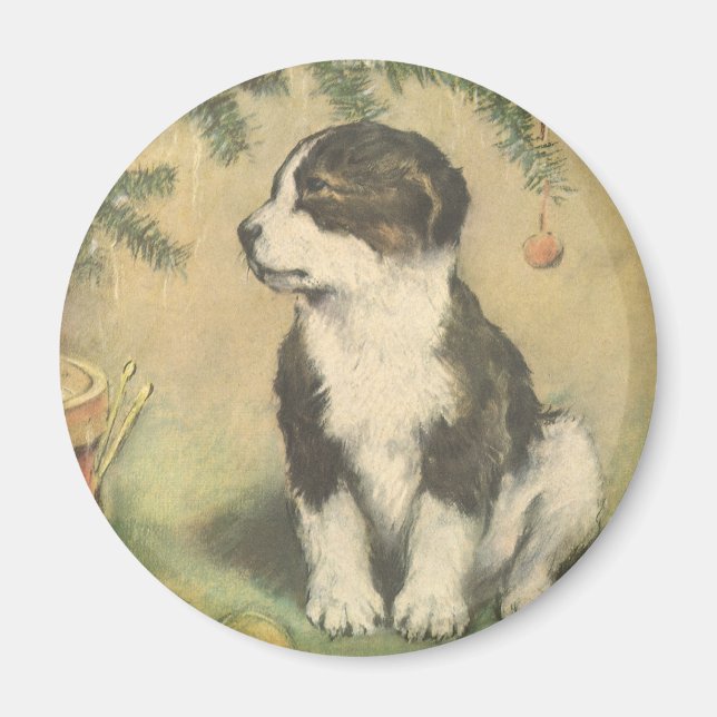 Vintage Christmas, Cute Puppy Under Christmas Tree Magnet (Front)
