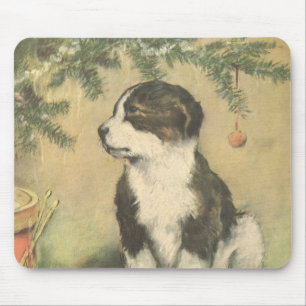 Vintage Christmas, Cute Puppy Under Christmas Tree Mouse Mat