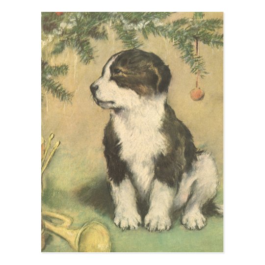 Vintage Christmas, Cute Puppy Under Christmas Tree Postcard
