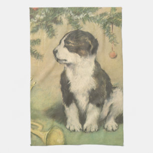 Vintage Christmas, Cute Puppy Under Christmas Tree Tea Towel