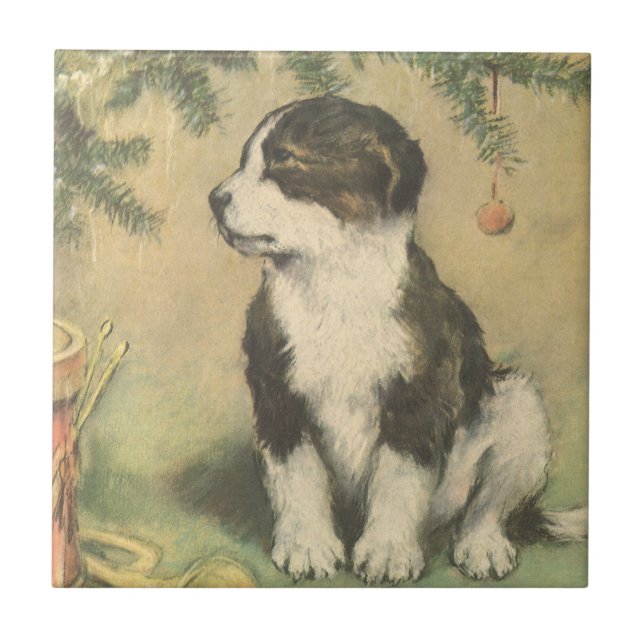 Vintage Christmas, Cute Puppy Under Christmas Tree Tile (Front)
