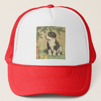 Vintage Christmas, Cute Puppy Under Christmas Tree Trucker Hat