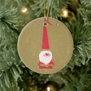 Vintage Christmas, Cute Santa Claus Gnome on Gold Ceramic Tree Decoration