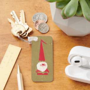 Vintage Christmas, Cute Santa Claus Gnome on Gold Key Ring