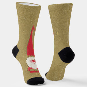 Vintage Christmas, Cute Santa Claus Gnome on Gold Socks