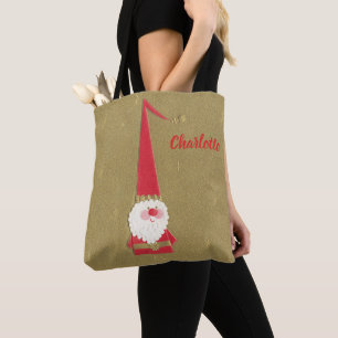 Vintage Christmas, Cute Santa Claus Gnome on Gold Tote Bag