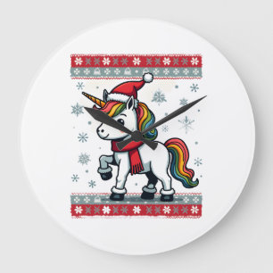 Vintage Christmas Dabbing Unicorn Rainbow Holiday Large Clock
