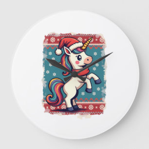 Vintage Christmas Dabbing Unicorn Rainbow Holiday Large Clock