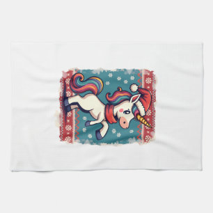 Vintage Christmas Dabbing Unicorn Rainbow Holiday Tea Towel