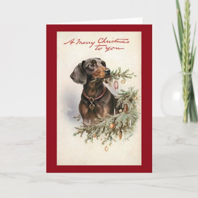 Vintage Christmas Dachshund Dog Holiday Card (Front)