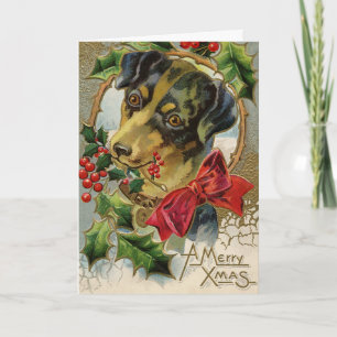 Vintage Christmas, Dachshund Puppy Dog with Holly Holiday Card