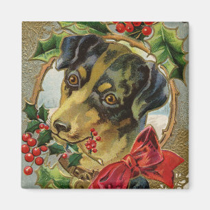 Vintage Christmas, Dachshund Puppy Dog with Holly Magnet