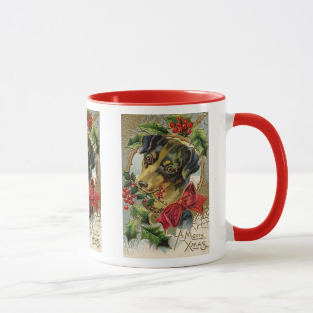 Vintage Christmas, Dachshund Puppy Dog with Holly Mug (Right)