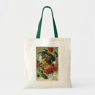 Vintage Christmas, Dachshund Puppy Dog with Holly Tote Bag