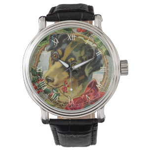 Vintage Christmas, Dachshund Puppy Dog with Holly Watch