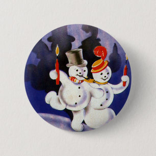 Vintage Christmas Dancing Snowmen with Candles 6 Cm Round Badge
