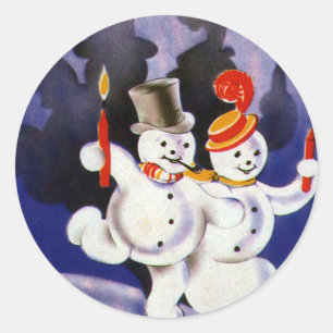 Vintage Christmas Dancing Snowmen with Candles Classic Round Sticker