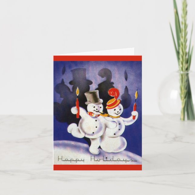 Vintage Christmas Dancing Snowmen with Candles Holiday Card (Front)