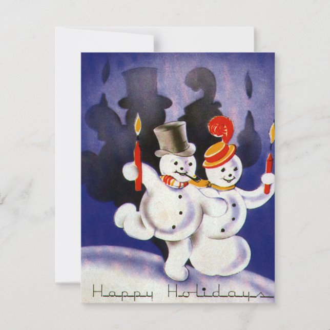 Vintage Christmas Dancing Snowmen with Candles Holiday Card (Front)