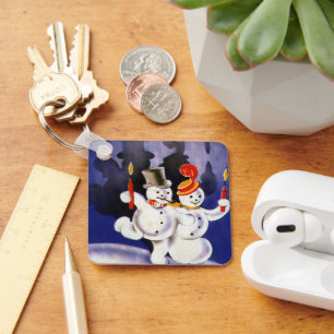 Vintage Christmas Dancing Snowmen with Candles Key Ring