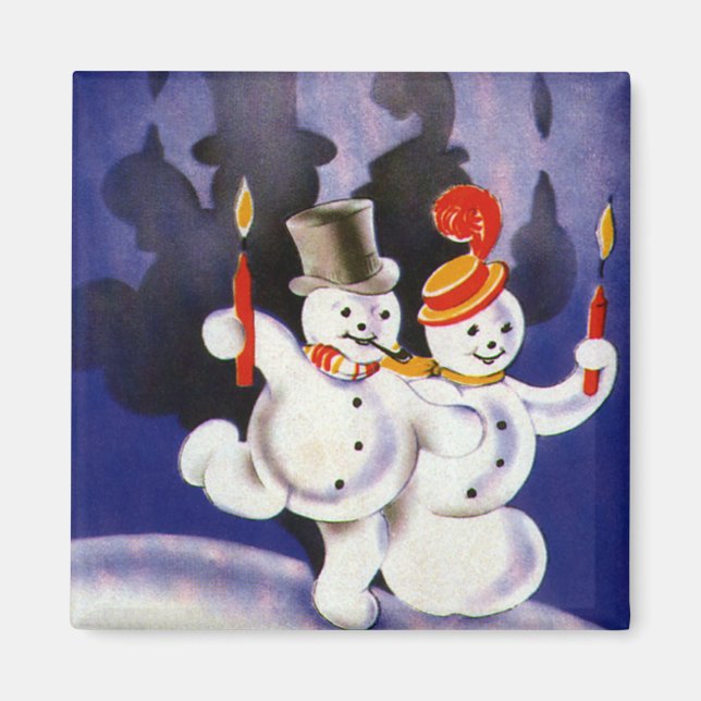 Vintage Christmas Dancing Snowmen with Candles Magnet (Front)
