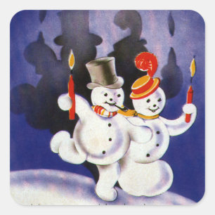 Vintage Christmas Dancing Snowmen with Candles Square Sticker